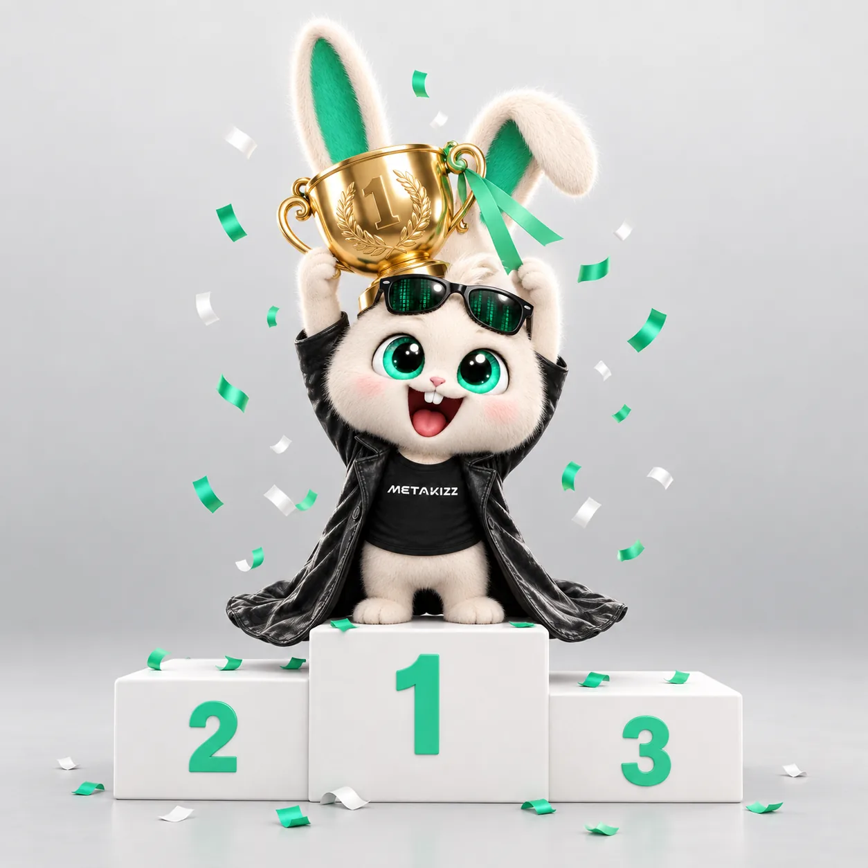 Mr Bunny, the MetaKizz mascot, on the top of a podium lifting a golden trophy