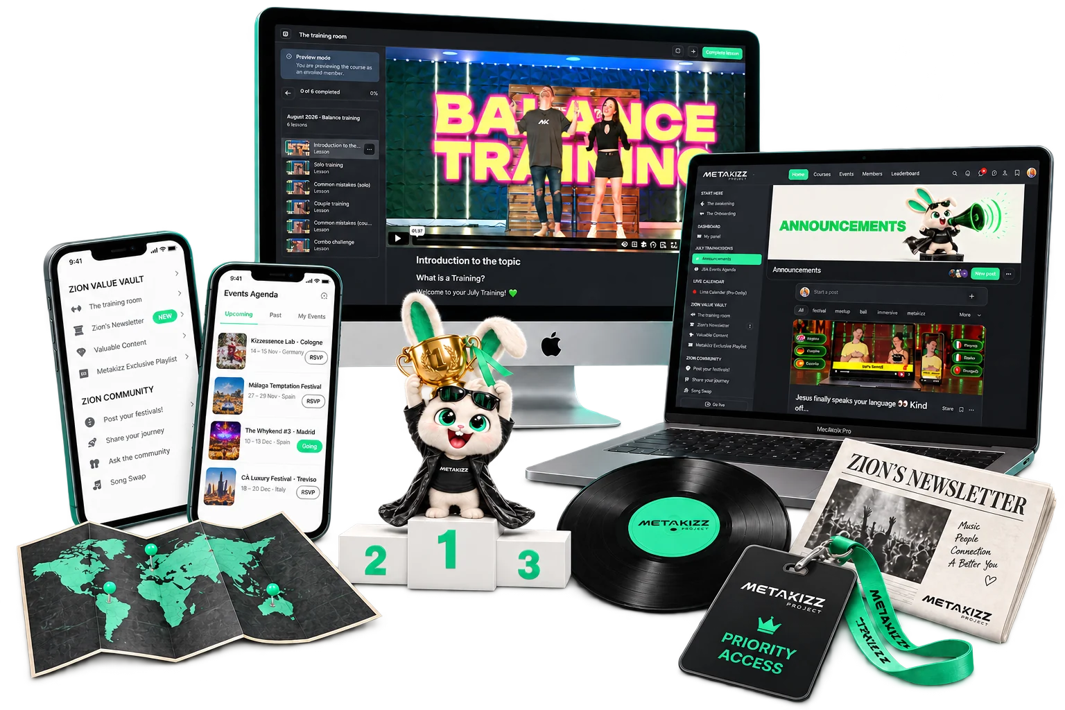 Everything included in the MetaKizz Community: the monthly training, the community on Circle, 9 rooms, the events agenda, the member map, monthly challenges with prizes, the exclusive playlist, priority access to events and Zion's Newsletter